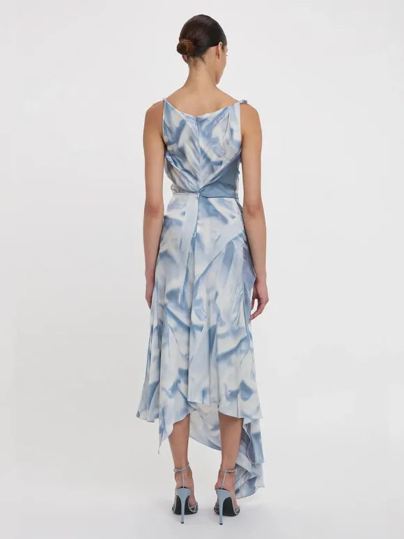 Asymmetric Draped Midi Dress In Ice Blue Satin Flowers