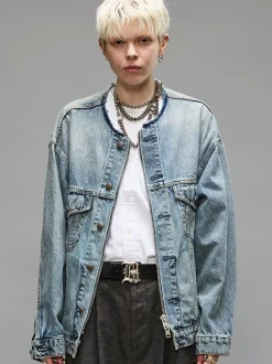 Collarless Trucker Jacket in Caxton Blue