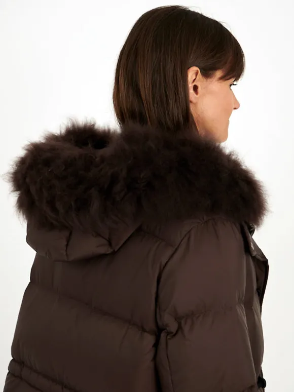 Down Coat with Trim in Mocha