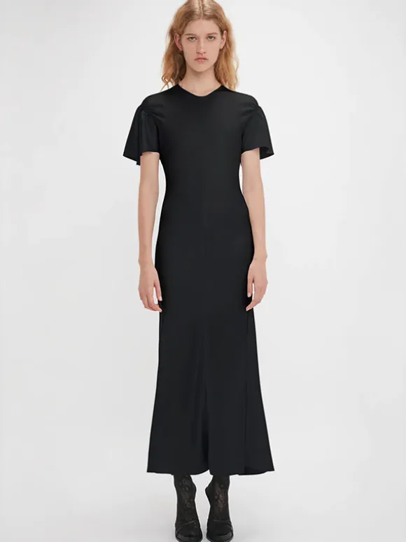 Gathered Sleeve Midi Dress in Black