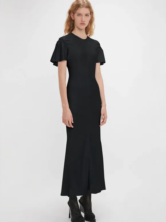 Gathered Sleeve Midi Dress in Black