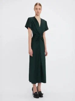Gathered V Neck Midi Dress in Seaweed
