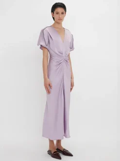 Gathered V-Neck Midi Dress In Petunia