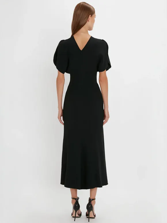 Gathered Waist Midi Dress in Black