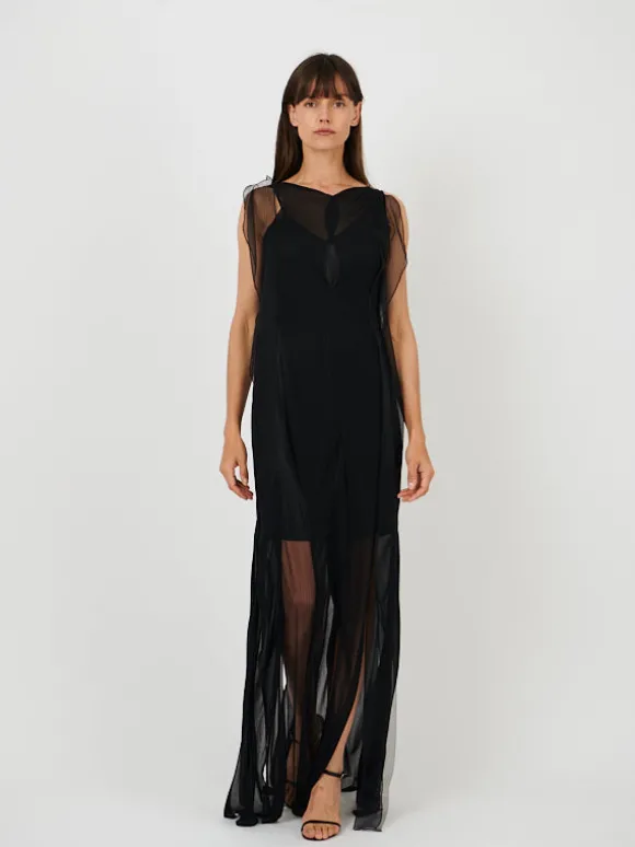 Sheer Wave Panel Floorlength Dress in Black