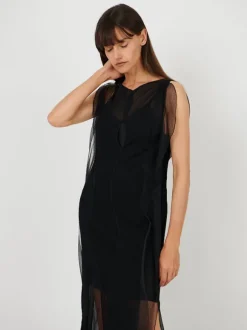 Sheer Wave Panel Floorlength Dress in Black